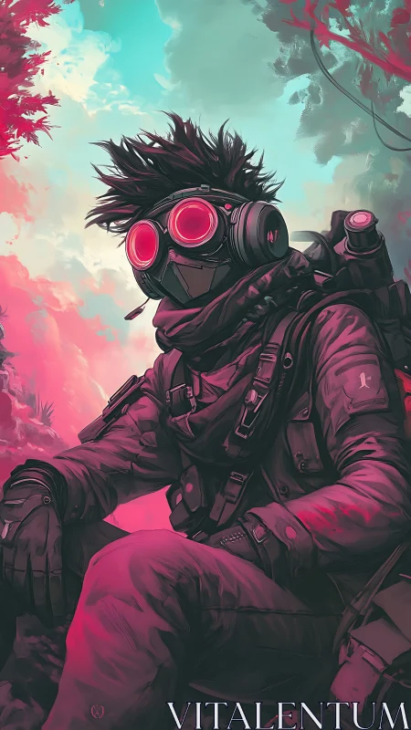 Hooded figure in tactical gear sits under neon sky