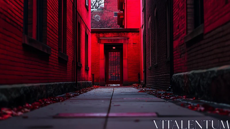 Low-angle urban alley corridor under saturated red illumination.