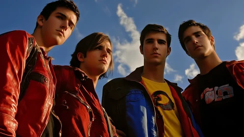 Four determined teens stand united under a dramatic sky