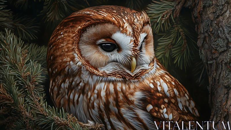 Realistic tawny owl portrait nestled in pine branches, nature art.