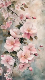 Soft pink blossoms drift gently across a dreamy canvas sky