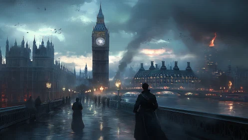 Brooding steampunk London skyline under stormy twilight skies.