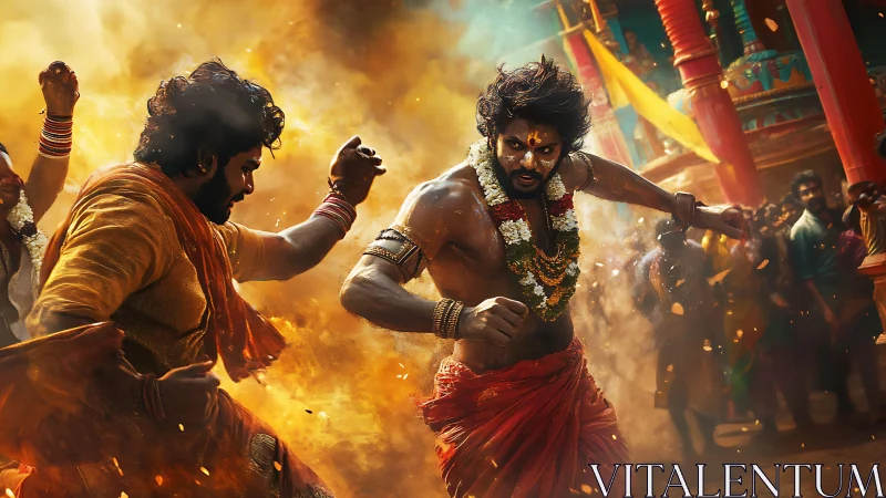 Fierce festival warriors whirl through saffron sacred smoke.