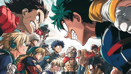 Rival hero teams clash in tense faceoff under bright sky