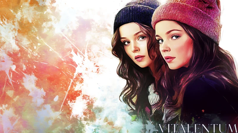 Dual winter portraits in vivid digital watercolor style.