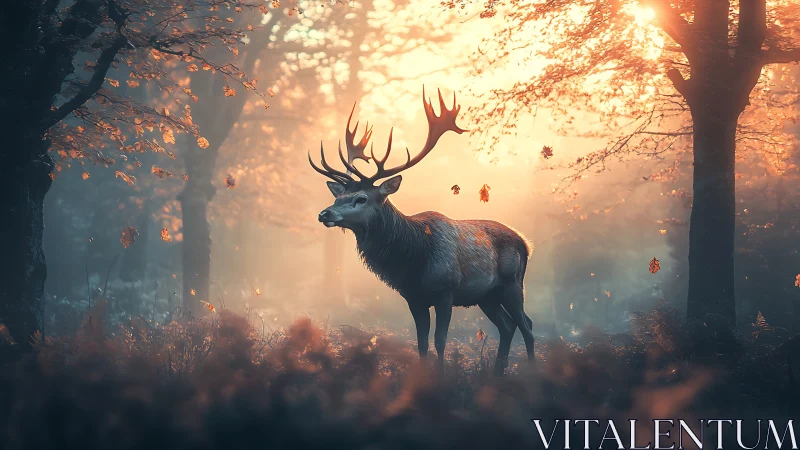 Digital painting of stag in backlit autumn forest atmosphere.