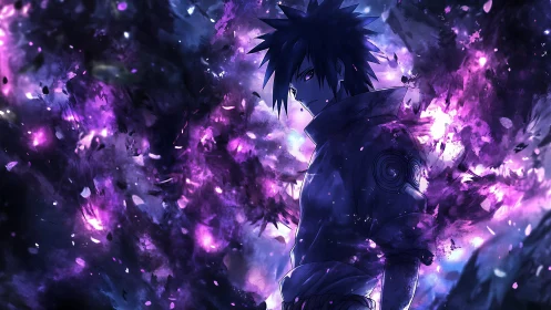 Anime warrior amid purple energy and dark cosmic field.