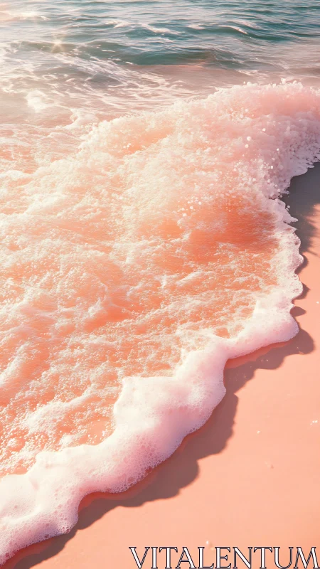 Soft pink shoreline glows where gentle waves meet sand