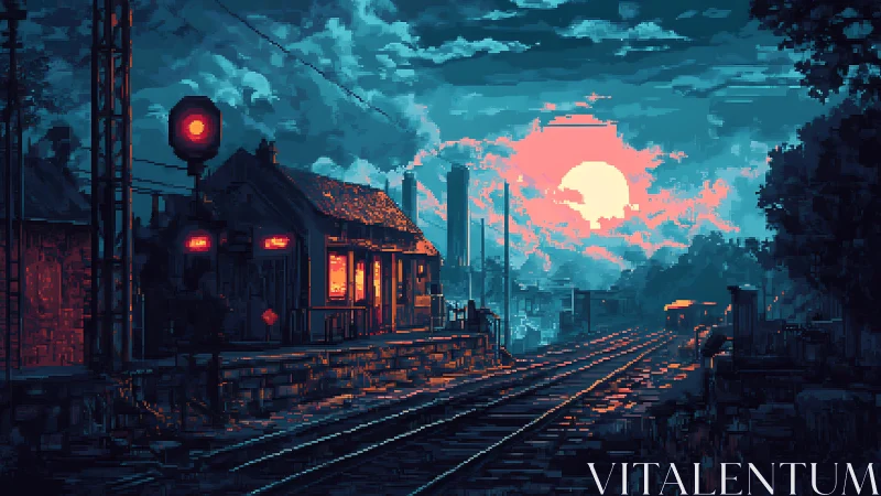 Neon-lit pixel rail station glows beneath a cyan dusk sky.