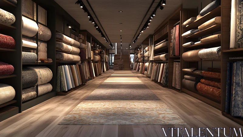 Luxury fabric store interior shows organized textile rolls