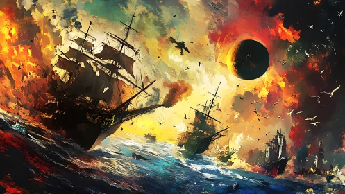 Burning armada beneath an ominous eclipsed sun at sea.