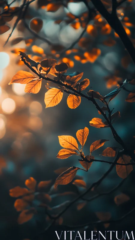 Golden leaves glow through soft teal forest bokeh.