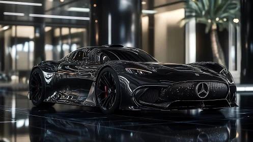 High-gloss black sports coupe stands in reflective showroom