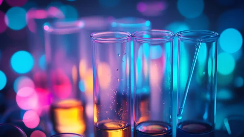 Neon-lit laboratory test tubes amid glowing bokeh haze.