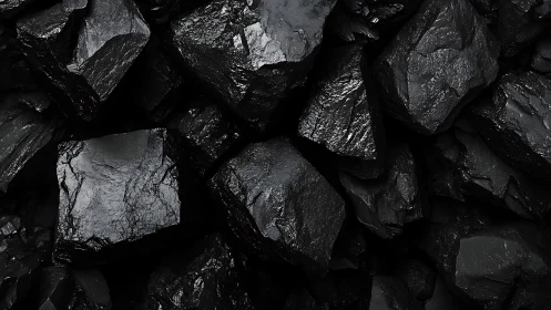 Angular anthracite coal fragments with specular reflections.