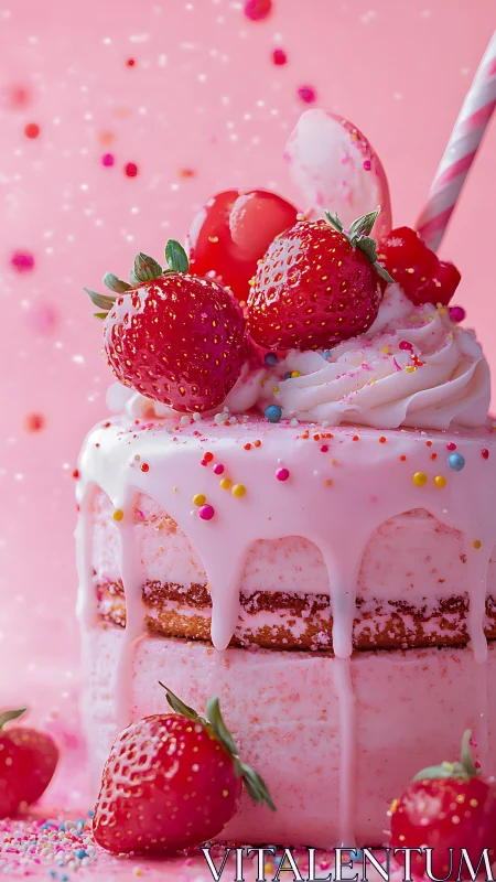 Pink Layered Cake with Strawberries and Sprinkles.