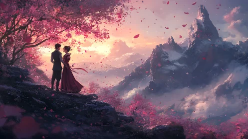 Two Figures Beneath Blooming Cherry Tree at Mountain Summit