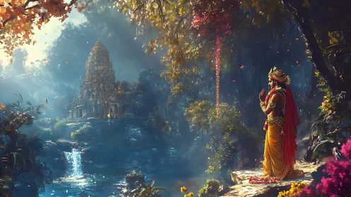 Figure in forest clearing facing riverside temple structure.