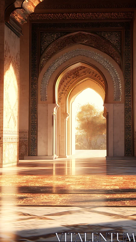 Sunlit Islamic archway interior with detailed patterned walls