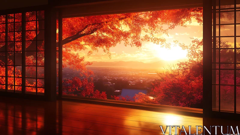 Sunlit tatami room opens onto glowing autumn valley view