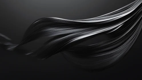 Flowing strands of glossy black ribbons drift in soft motion