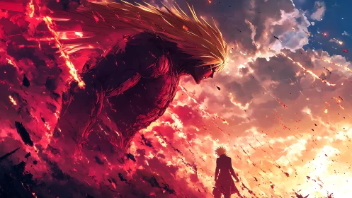 Colossal flame titan strides through a storm-torn sky of embers.