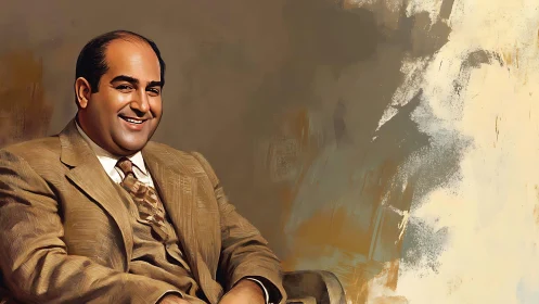 Portrait of seated man in suit with abstract painted backdrop