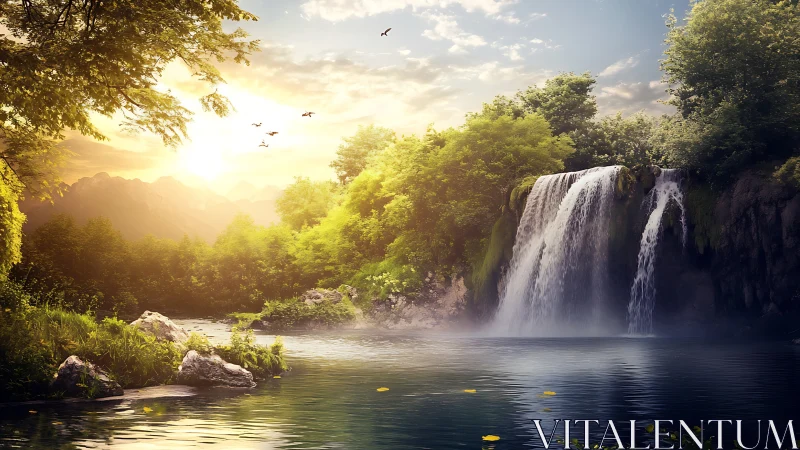 Luminous forest waterfall vista in high-detail digital painting.