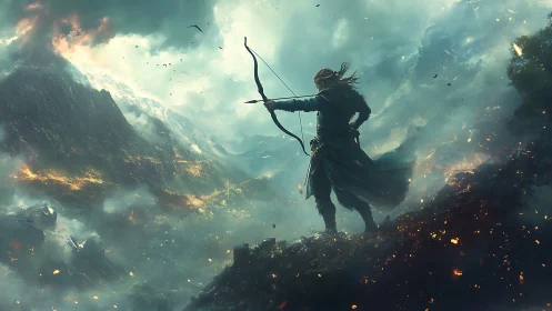 Solitary archer silhouettes against eruptive, ember-lit mountain valley