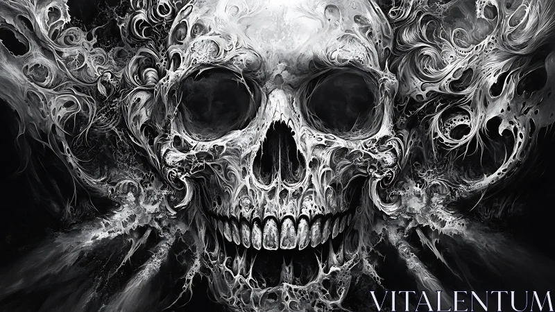 Skull dissolves into swirling monochrome smoke and tendrils