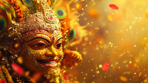 Gilded deity mask with floral and feather adornments in light.