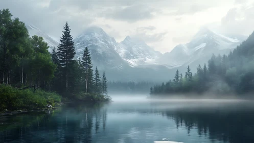 Silent mountain lake rests beneath misty snow capped peaks
