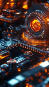 Glowing metal gear over circuit board in blue orange light.