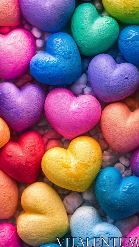 Colorful Heart-Shaped Objects in Vibrant Rainbow Array.