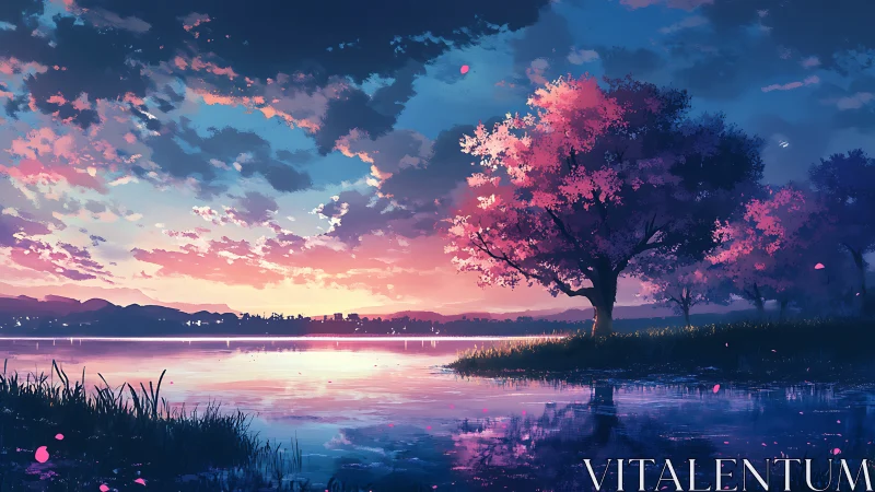 Sunset lake with cherry trees rendered in vibrant atmospheric perspective