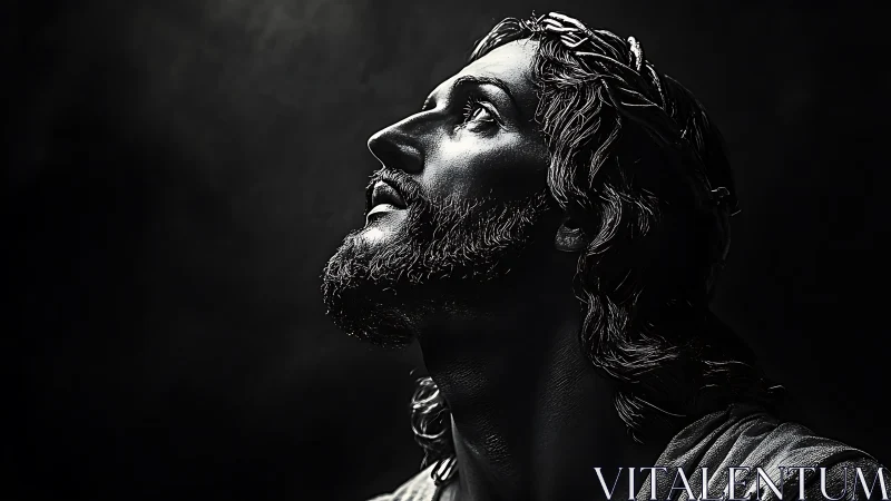 Dramatic monochrome portrait of a sorrowful crowned figure in prayer