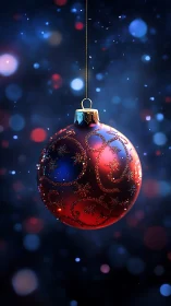 Photorealistic red ornament with glitter scrollwork bokeh field.