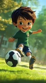 Cartoon child kicks soccer ball on bright grassy field