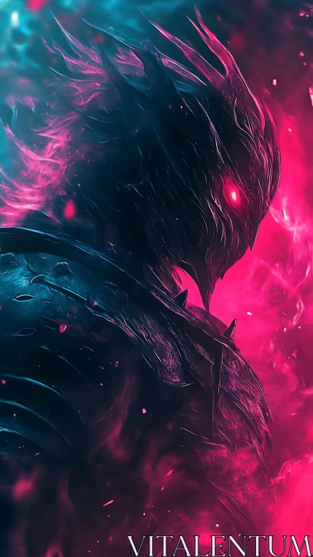 Armored demonic figure with glowing eyes in neon smoke