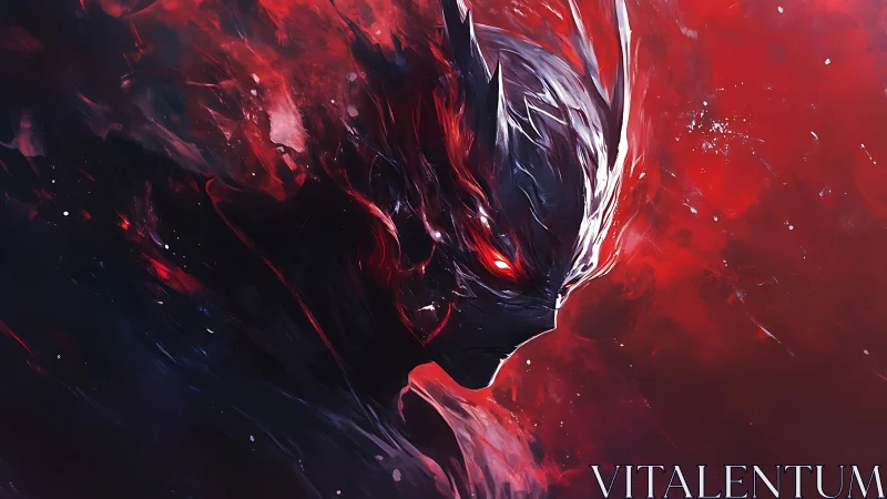 Dark armored figure with glowing red eyes in abstract red field.