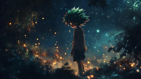 Solitary child in glowing, starry nighttime forest scene.
