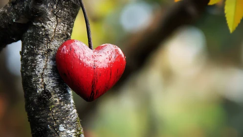 Red Heart-Shaped Fruit on Textured Branch.