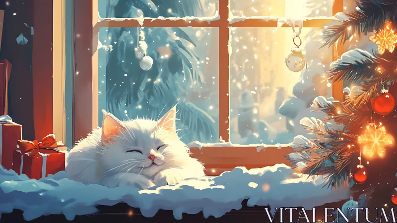 Snowy window daydream with a blissfully drowsy winter cat.