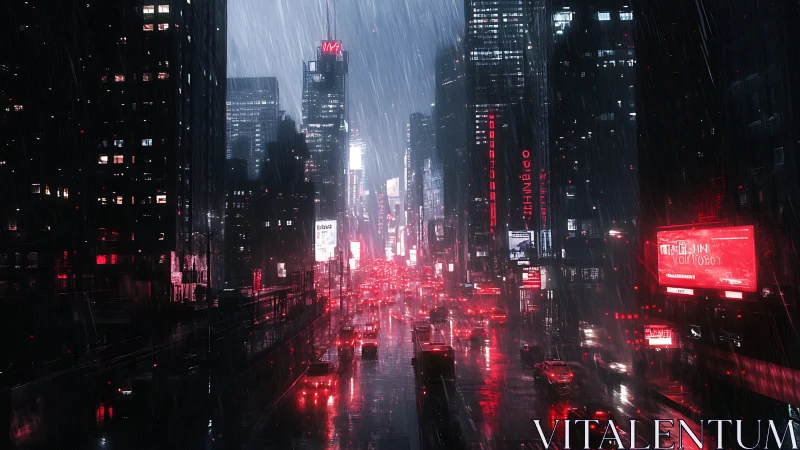 Neon-soaked rainy megacity corridor under crimson glow.
