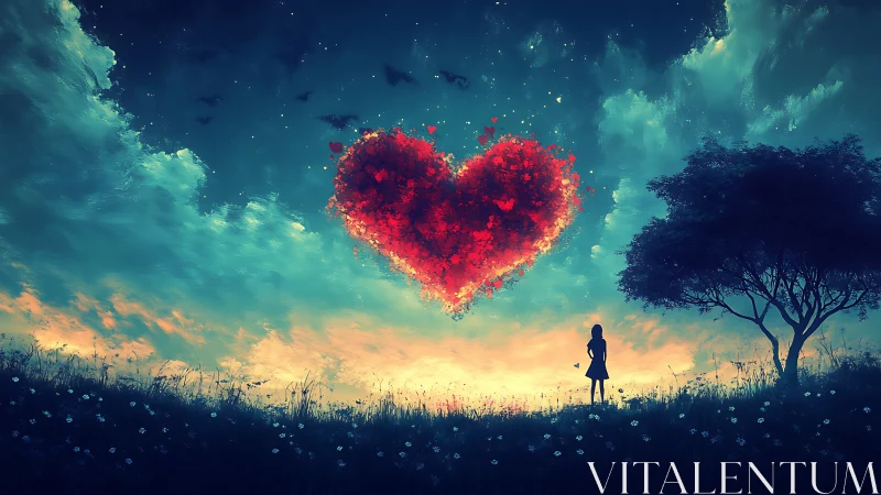 Luminous Heart: Romantic Digital Fantasy Under Aurora Sky.