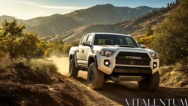 White off road pickup truck climbs dusty mountain trail