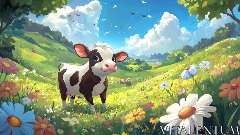 Young calf in vibrant wildflower meadow under summer sky