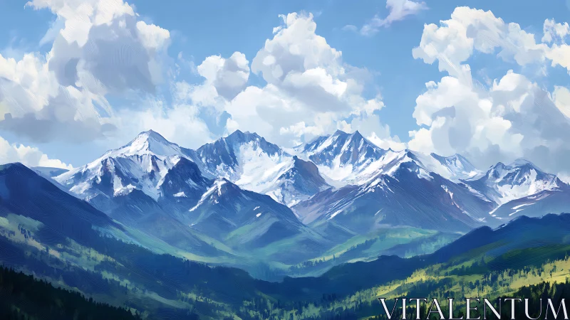 Sunlit mountain peaks under soft rolling summer clouds.