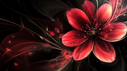 Radiant red fractal flower glows against swirling darkness.