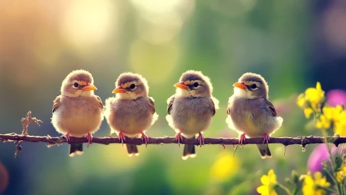Four Adorable Fluffy Birds on Branch, Vibrant Spring Nature Scene.